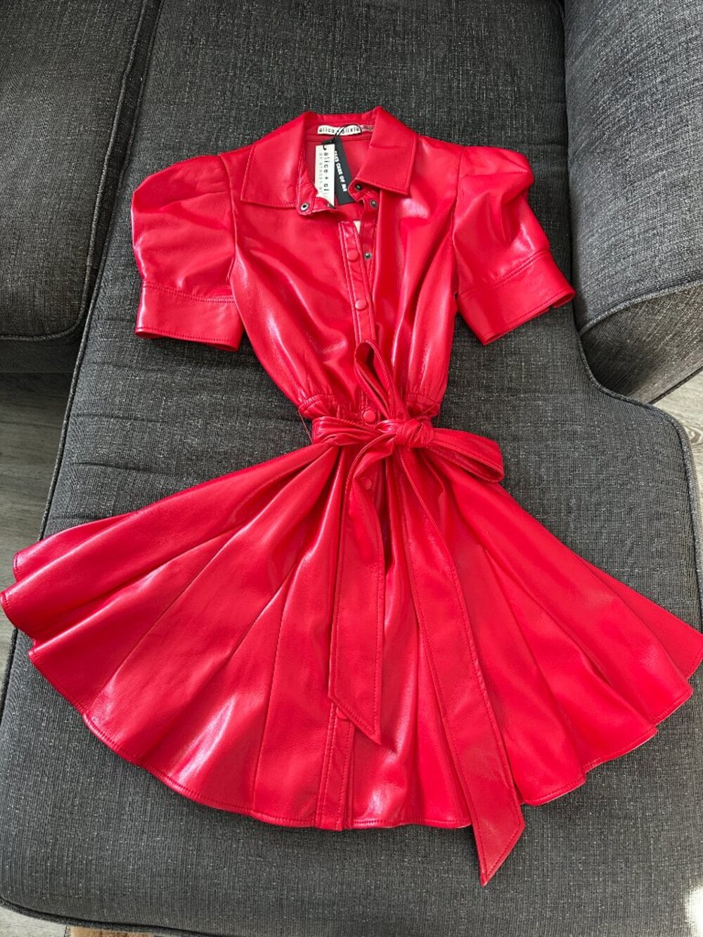 Alice + Olivia Short Sleeve Faux Leather Red Dress - Picture 2 of 10